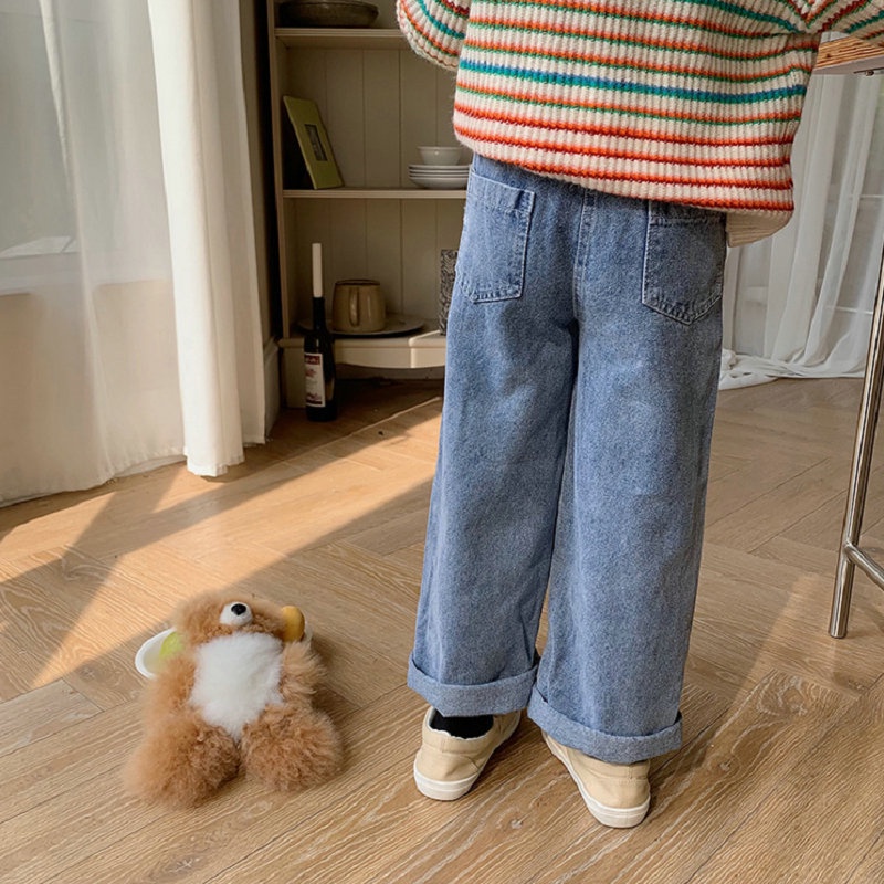 Quần Jean Ống Rộng Họa Tiết Mèo Hoạt Hình Phong Cách Hàn Quốc Cho Bé Gái 2-8 Tuổi