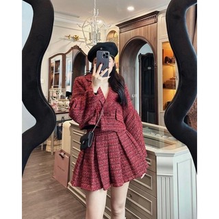 Set Dạ Đỏ Mix Chân Váy Xếp Ly