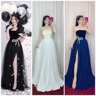 ĐẦM NHUNG CÚP NGỰC XẺ ĐÙI KẾT NƠ ĐÁ hình thật