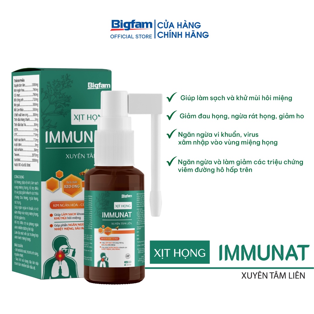 Xịt họng keo ong IMMUNAT Bigfam hỗ trợ giảm ho an toàn cho trẻ nhỏ và phụ nữ mang thai 30ml