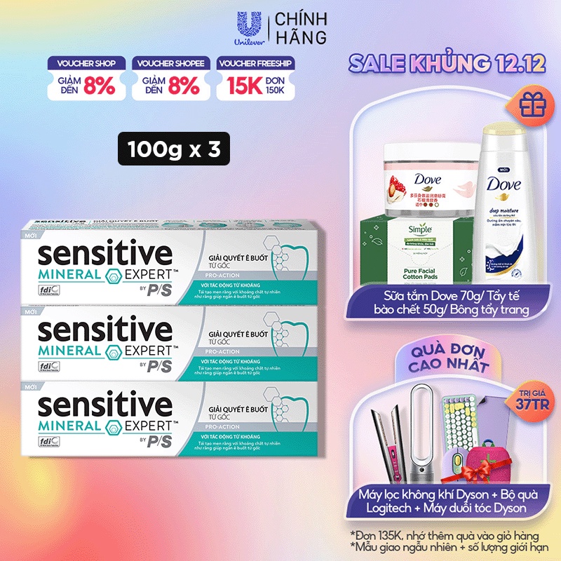 Bộ 3 Hộp Kem đánh răng P/S giảm ê buốt sau 30 giây Sensitive Mineral Expert Original với tác động từ khoáng 100g