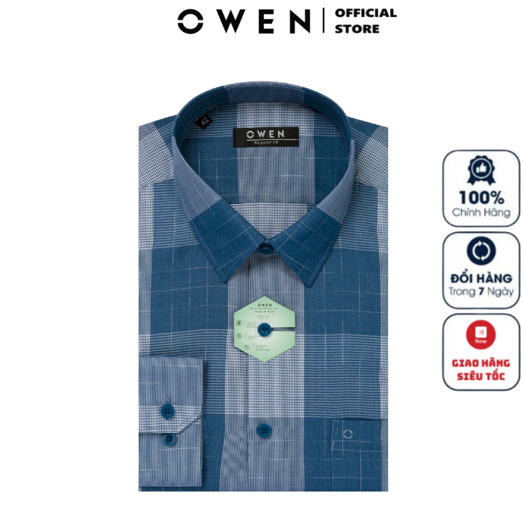 Áo sơ mi dài tay nam OWEN AR221050DT somi công sở vải bạc hà cao cấp màu kẻ caro xanh trắng dáng suông tà lượn có túi