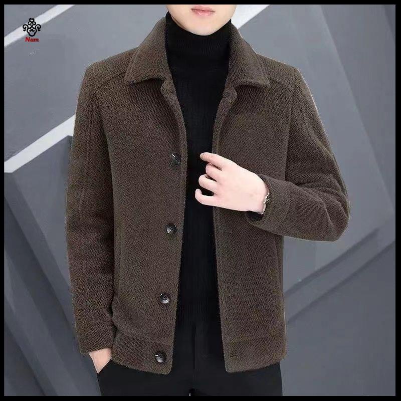 Chất lượng cao Áo Khoác Len Lông Cừu Ngắn Cài Nút Cổ Bẻ Giữ Ấm Mùa Thu Đông Cho nam Po o kho c d nam 2023