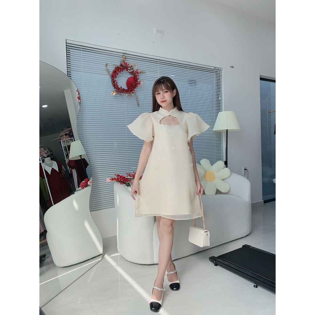 Váy sinh nhật váy babydoll thêu bướm tay bồng KC House Đồ tết nữ màu hồng kem