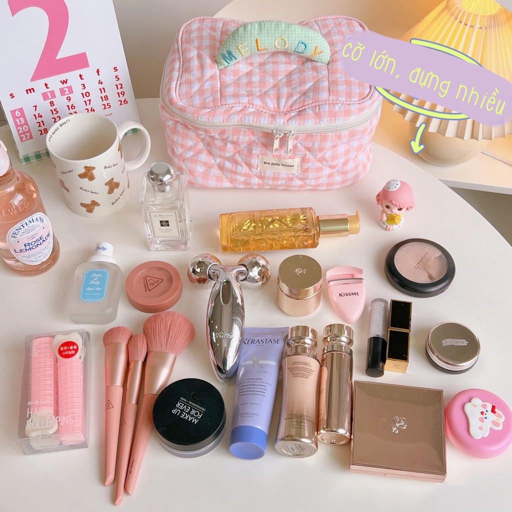 Túi Đựng Mỹ Phẩm Du Lịch Quai Cầm Tay Đồ Makeup Pouch Chần Bông Cỡ Lớn Melody