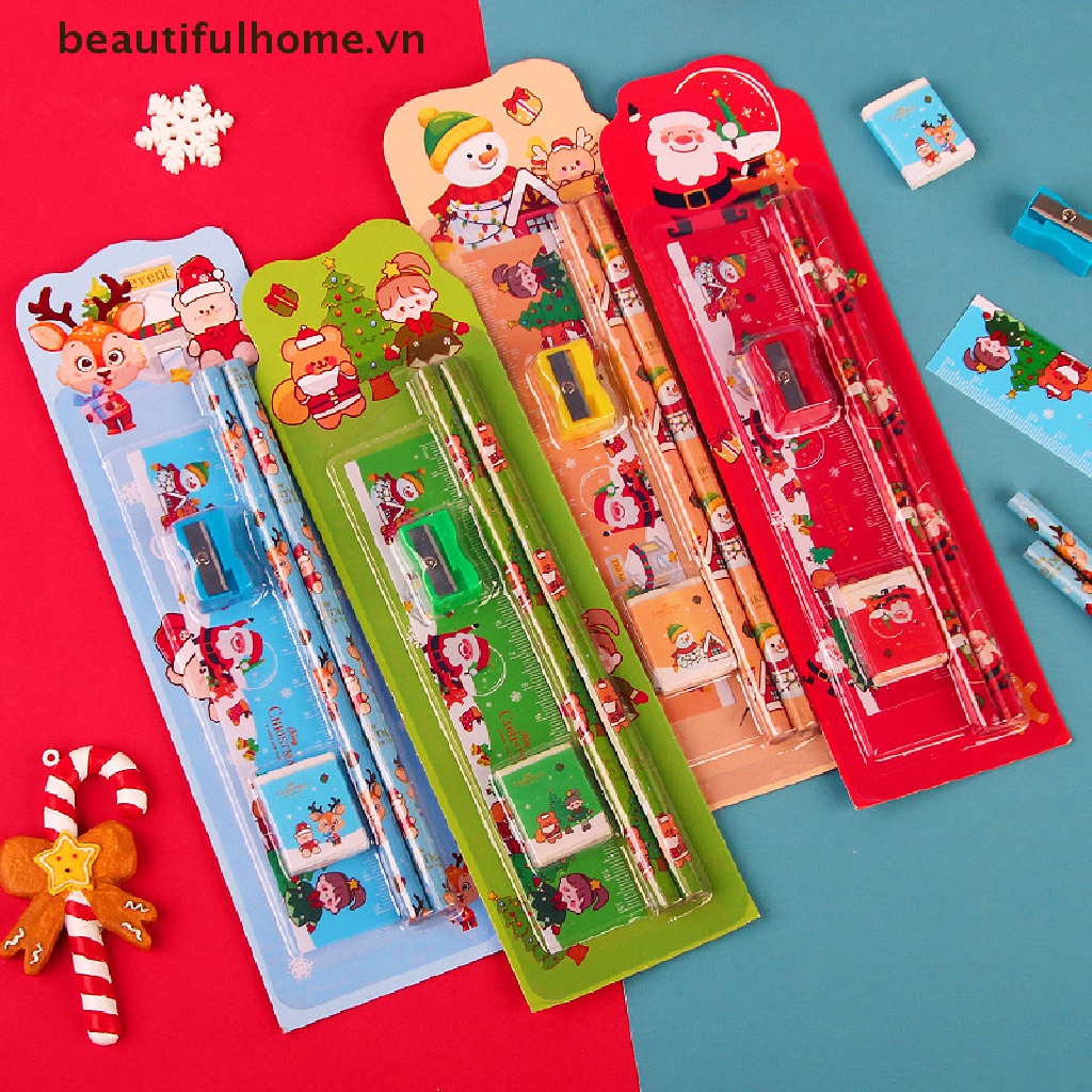 [beautifulhome] 5Pcs/Set Cute Cartoon Stationery Set Christmas Stationery Set Pencil Sharpener Eraser Ruler Set Gift Student Stationery Children's Day Gifts [beauty]