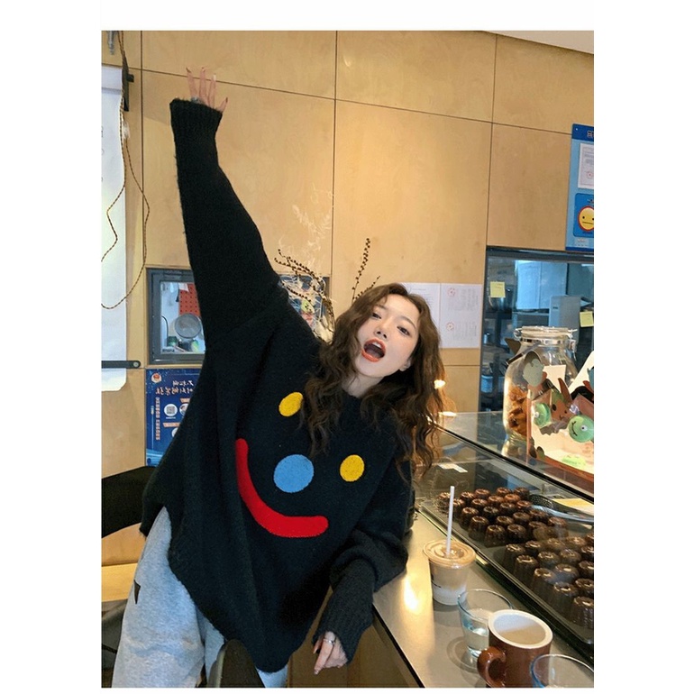 Áo len dệt kim dài tay in họa tiết Thời trang mùa thu phong cách hàn quốc cổ tròn rộng rãi ngọt ngào nữ