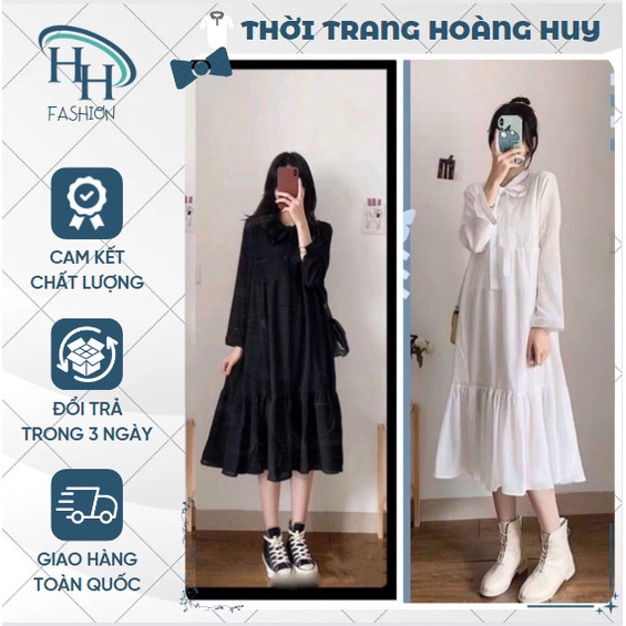 Đầm Babydoll Nơ Ngực , Váy Nữ Tay Bồng Dáng Suông 2 Màu Đen Trắng