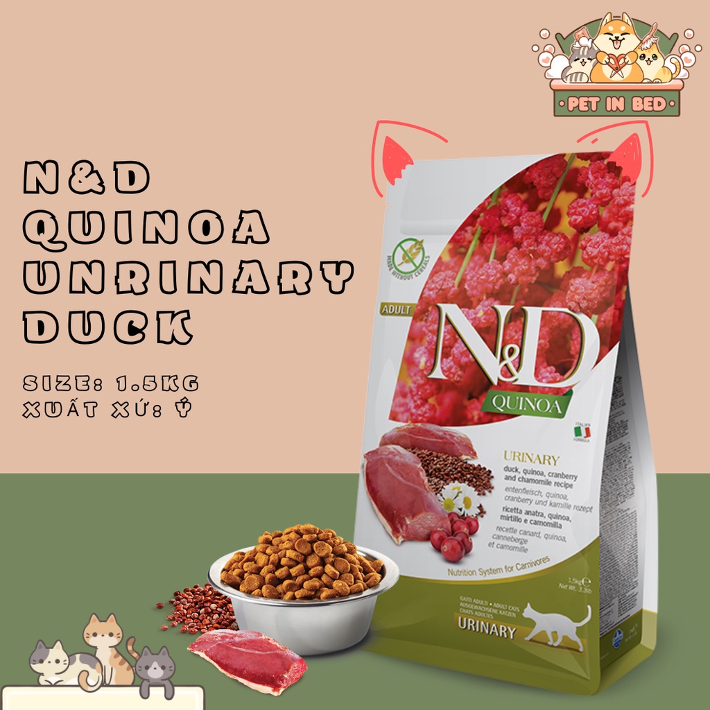 N&D Quinoa (1.5kg) / Urinary Duck, thức ăn hoàn chỉnh hỗ trợ tiết niệu và thận cho mèo