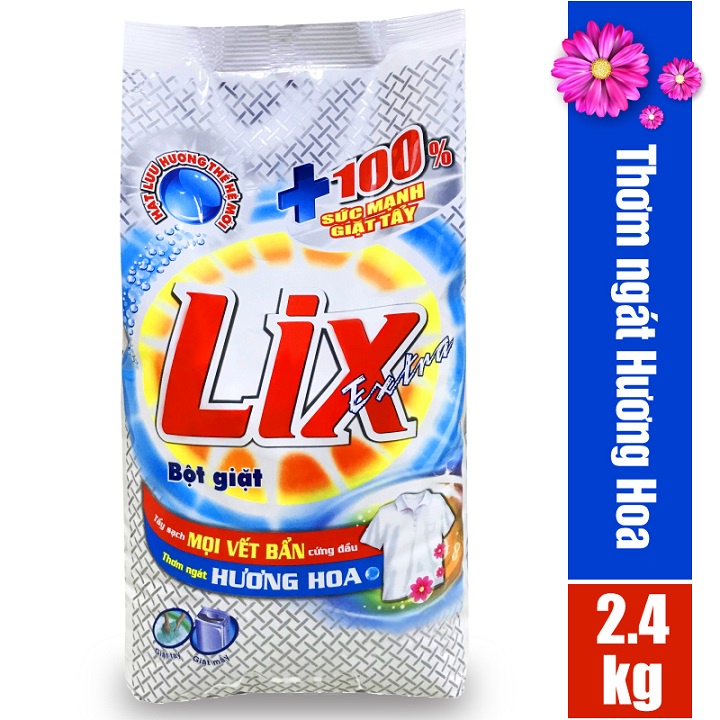 COMBO 8 gồm Bột giặt LIX extra hương hoa 2.4kg EB247 + Nước rửa chén LIX siêu sạch hương chanh 1.4kg NS140