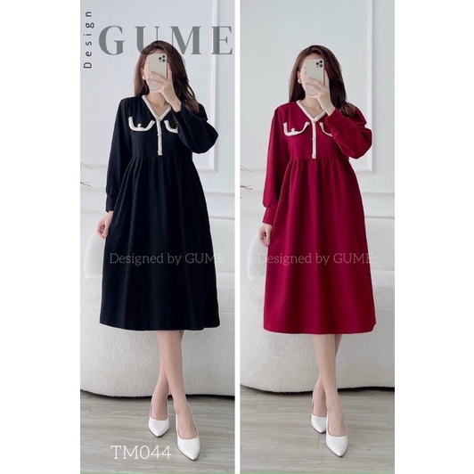 Váy Bầu Chất Nhung Tăm-cổ v,dáng tiểu thư -phong cách Hàn Quốc siêu xinh-phù hợp mặc thu đông -freesize 43-68kg
