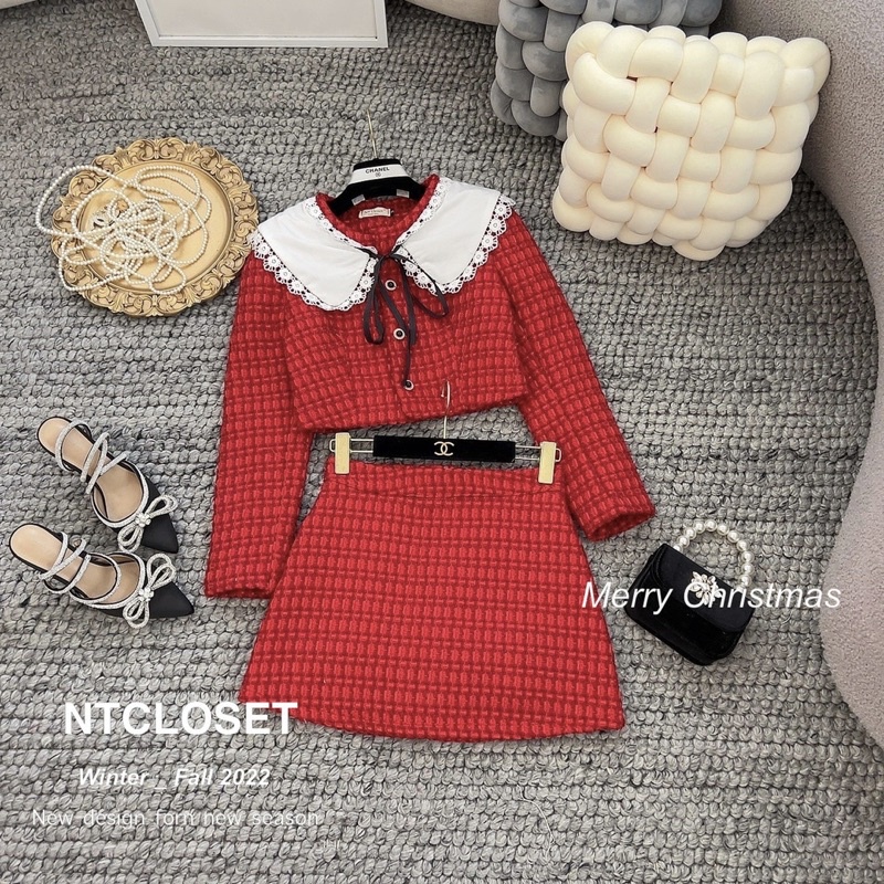 Set áo chân váy dạ cổ trắng ntcloset