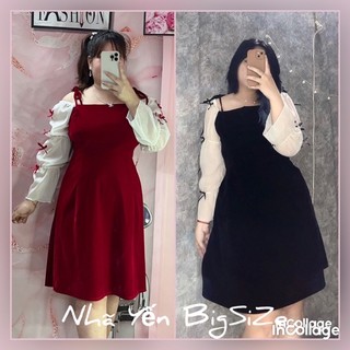 Đầm Nhung Bigsize Nữ Cao Cấp (60kg đến 95kg) tay phối tơ đính nơ xinh xắn