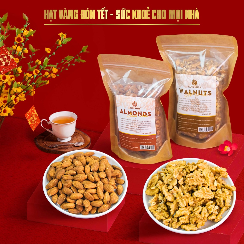 Combo hạt óc chó vàng túi 400gr và hạt hạnh nhân sấy chín túi 500gr TANU NUTS