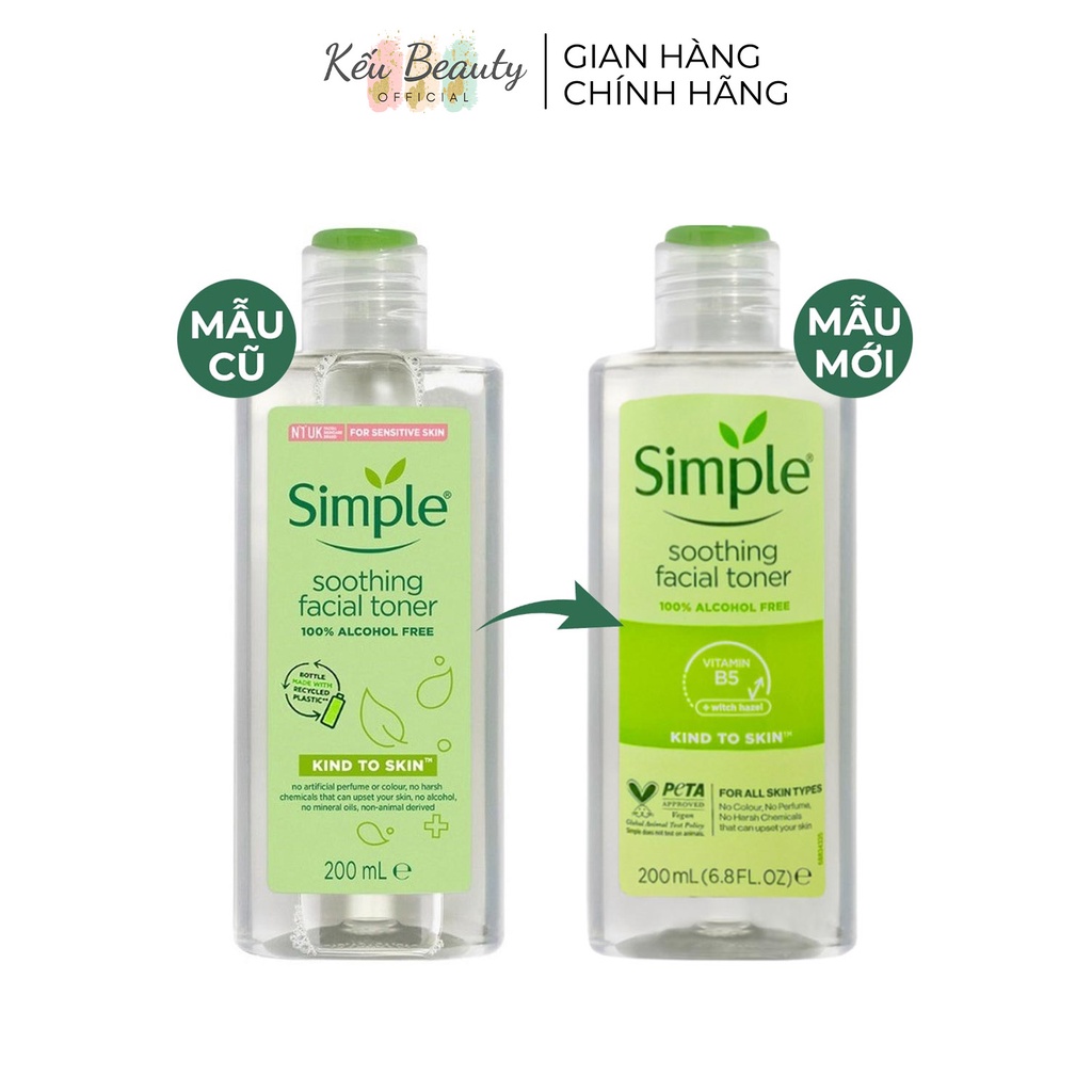 Nước hoa hồng Simple không cồn, cân bằng da dịu nhẹ Kind To Skin Soothing Facial Toner 200ml