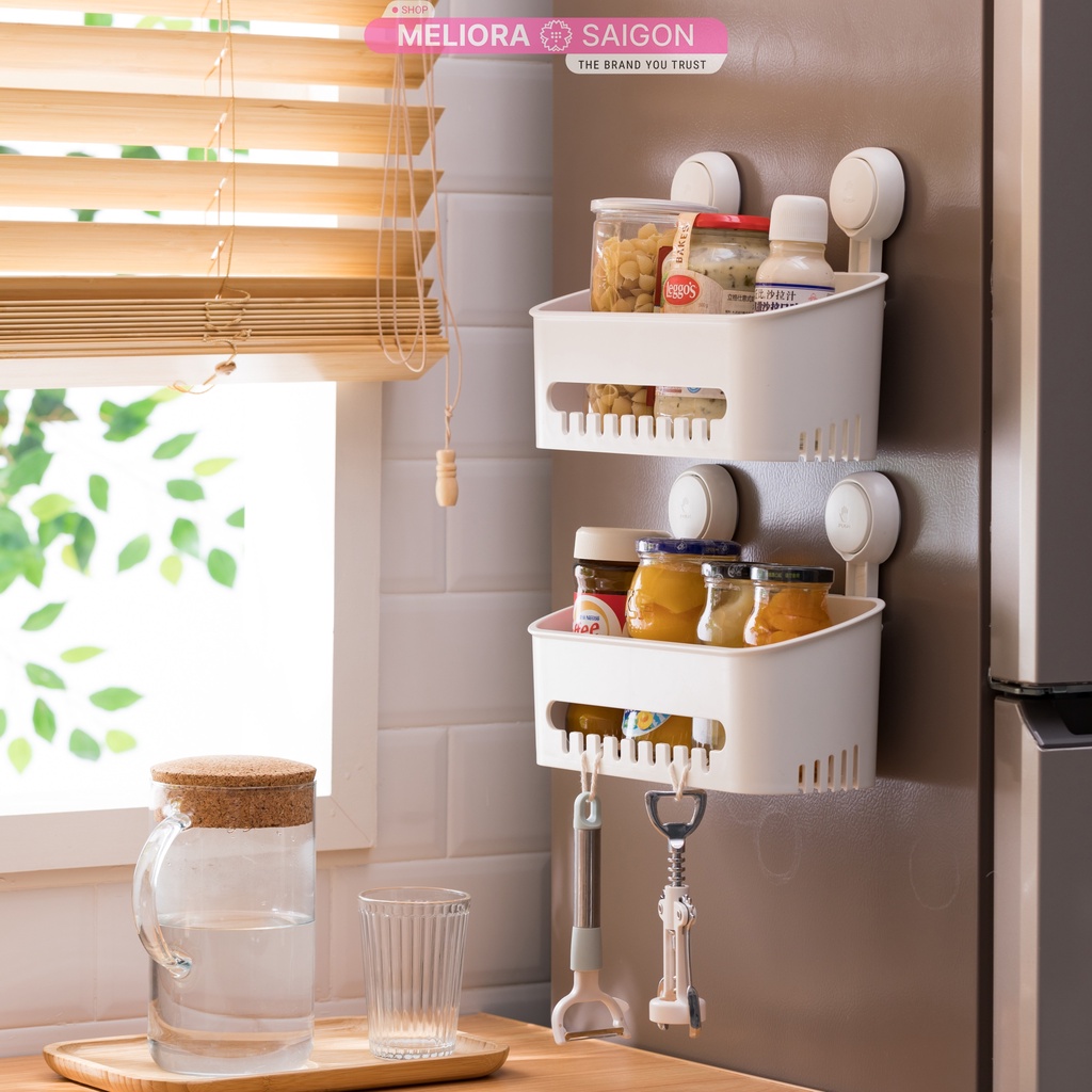 Kệ phòng tắm cao cấp MELIORA không khoan tường tải treo 10kg chống nước tái sử dụng hút chân không treo tường SG558