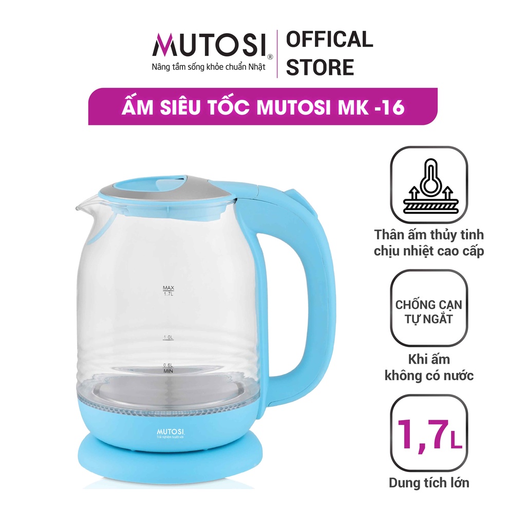 Ấm đun siêu tốc Mutosi MK-16B (xanh), 1.7L, thủy tinh cao cấp chịu nhiệt tốt, công nghệ Nhật Bản, bảo hành 24 tháng