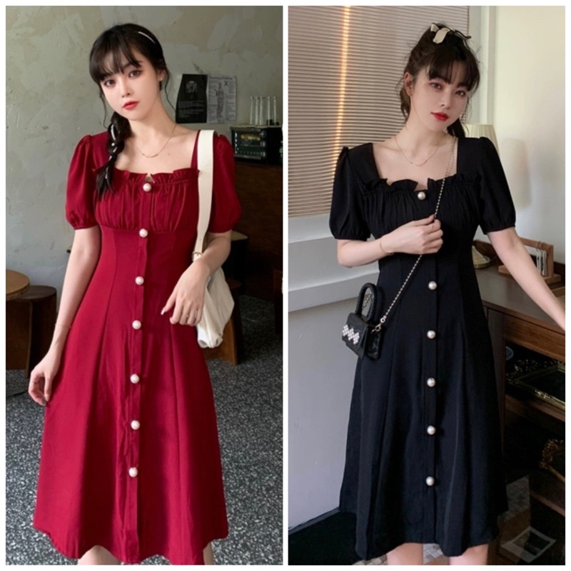 Đầm cổ vuông nút ngọc 2 màu mặc đi làm đi chơi đều xinh (kèm hình thật)