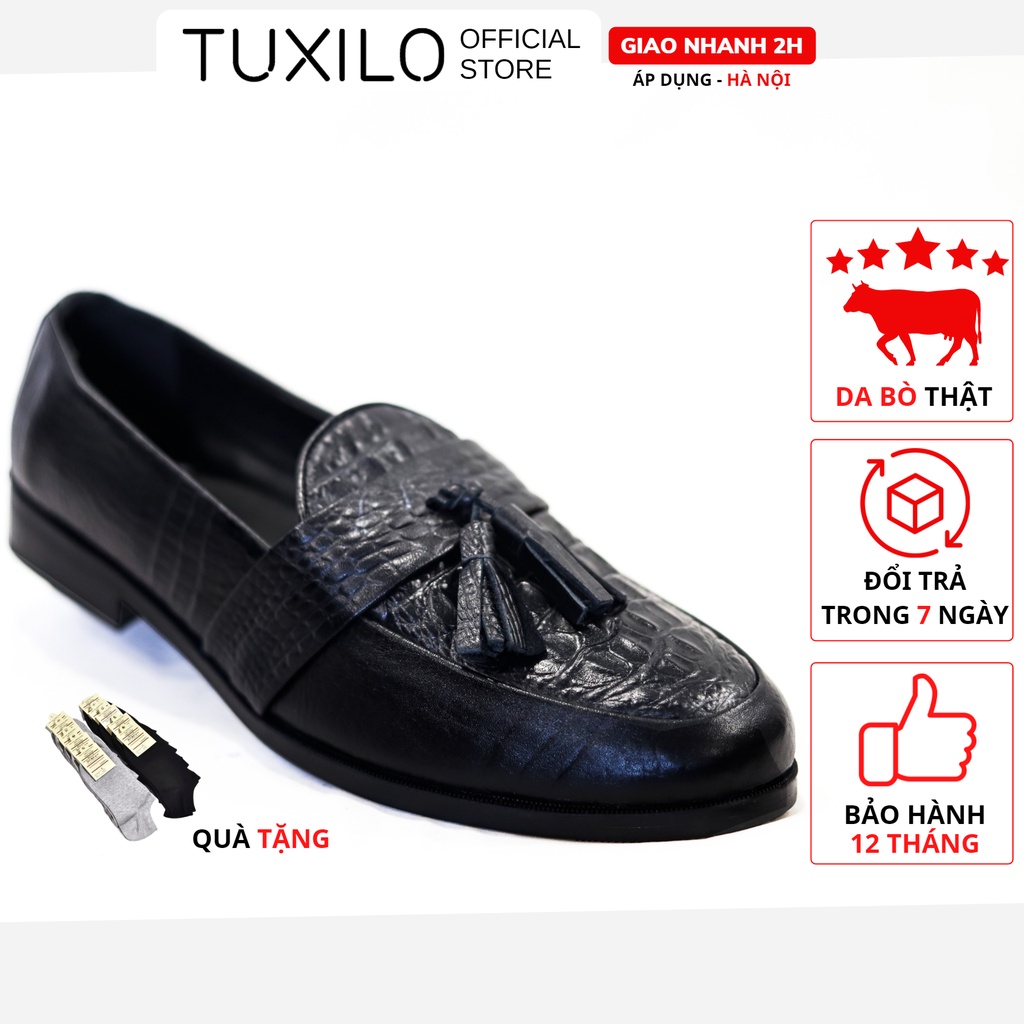 Giày da nam công sở loafer TUXILO giày tây nam dáng lười gắn lơ chuông da bò thật dập vân cá sấu cao cấp TX57