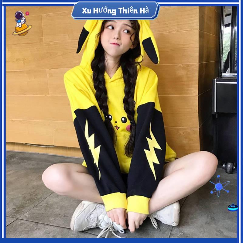 áo hoodie nu form rong áo hoodie nu cute Áo Hoodie Vải Nỉ Dày Dặn Phối Màu In Hình Pikachu Tai Thỏ Dễ Thương Thời Trang Thu Đông Nhật Bản Cho Nữ