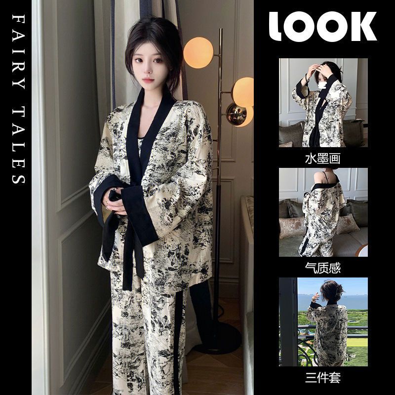 Đồ ngủ giá trị cao phong cách instagram đồ mặc ở nhà thiếu nữ dài tay mặc bên ngoài phong cách Hàn Quốc tranh