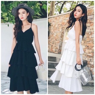 Đầm váy maxi trắng đen đi tiệc - đi biển 4 tầng