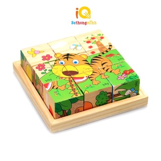 Bộ Xếp Hình BeThongMinh 6 Mặt 3x3 Bằng Gỗ Chủ Đề Con Vật Giáo Dục Trẻ Em
