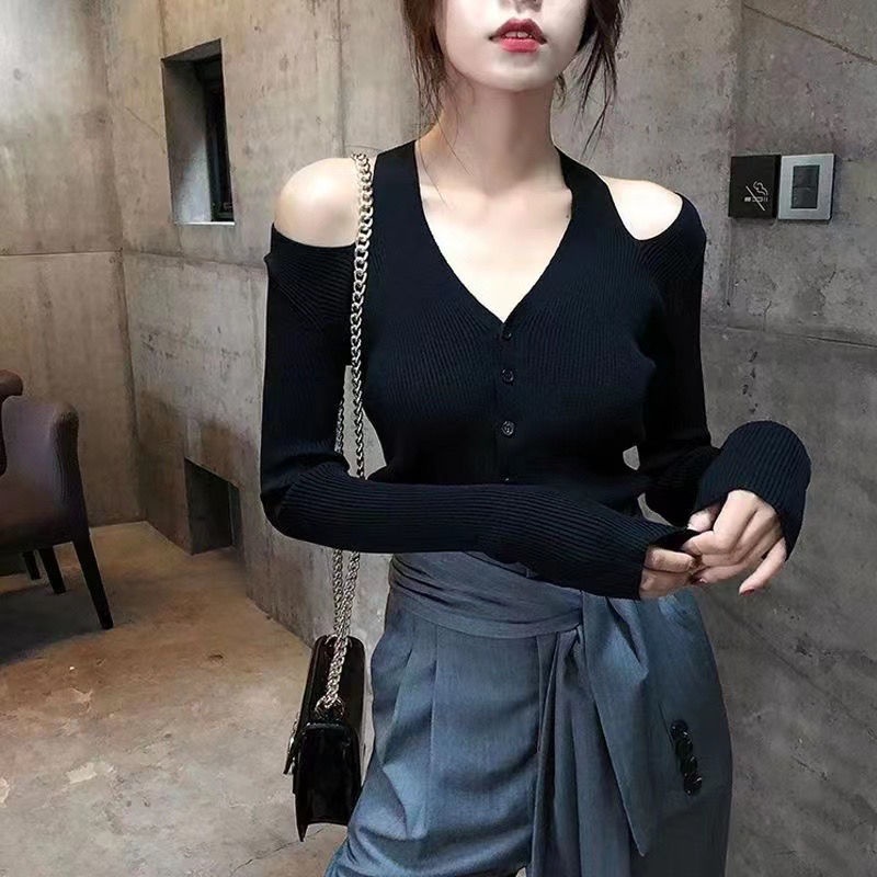 Áo len dệt kim màu đen dài tay Trang phục mùa thu khí chất gợi cảm ôm dáng cổ chữ V hở vai nữ