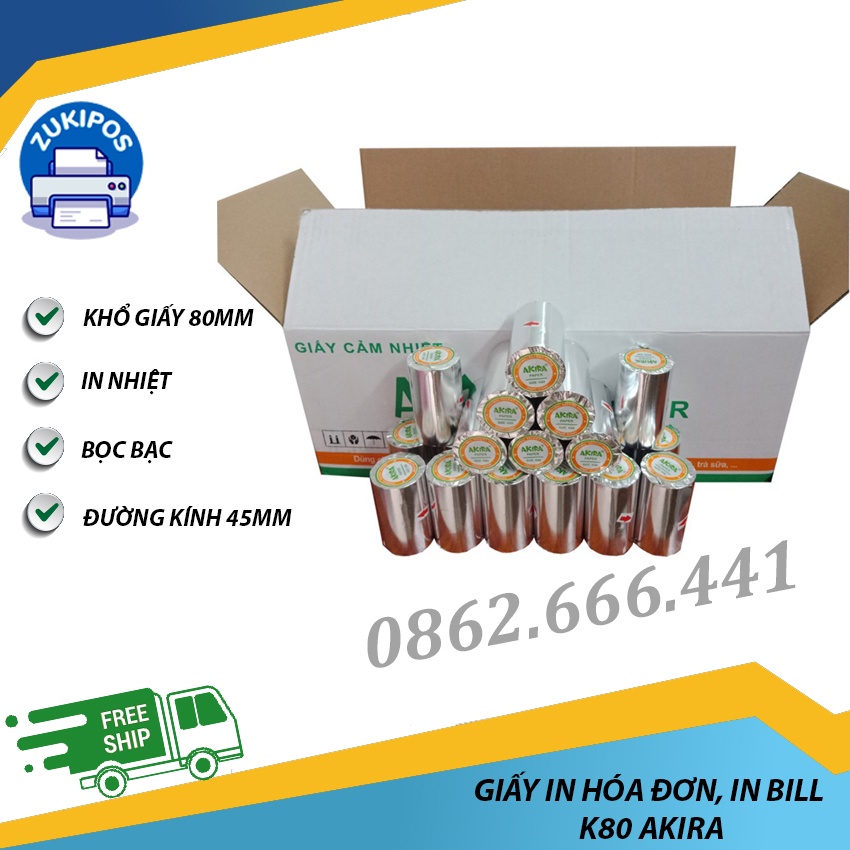 Thùng 100 Cuộn Giấy In Hoá Đơn K80x45 Akira Chất Lượng Cao - Zukipos
