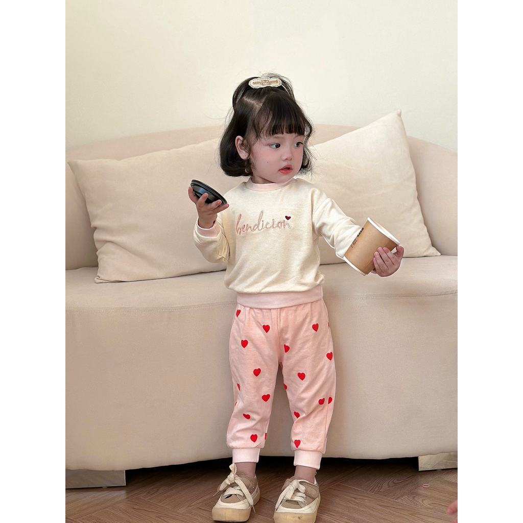 Set bộ đồ dài tay basic thu đông thêu chữ cho bé gái MiniumBaby, quần áo trẻ em cotton dài tay SB1369