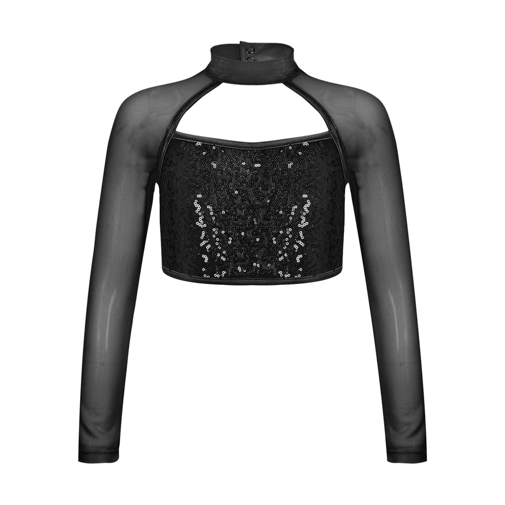 Trẻ Em Bé Gái Thời Trang Quần Áo Dài Tay Cổ Tròn Rỗng Sáng Bóng Kim Sa Lấp Lánh Trang Trí Khiêu Vũ Crop Top