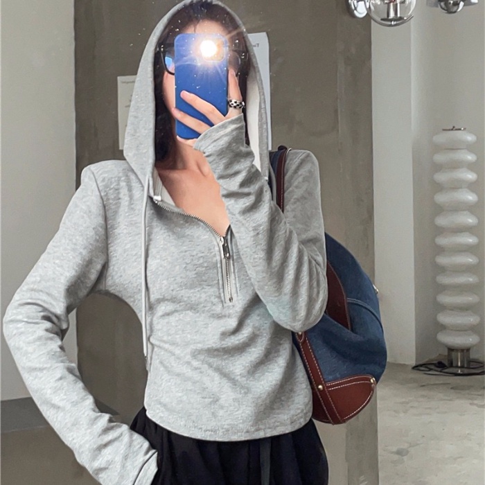 SUXI Áo Thun Tay Dài Có Nón Lót Nhung Phối Khóa Kéo Thời Trang Thu Đông Cho Nữ