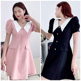 Đầm thiết kế cổ phối trắng cúc dọc thanh lịch