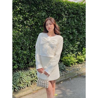 Set dạ Tweed đính nơ trắng Tiểu thư siêu xinh