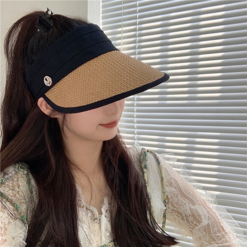 Mũ cói đi biển nửa đầu rộng vành chống nắng style HQ gấp gọn tiện lợi - Nón cói nữa đầu du lịch che nắng chống tia UV