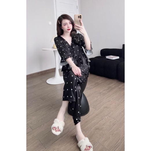 Bộ mặc nhà lụa latin phong cách tiểu thư bánh bèo tay lỡ áo croptop freesize dưới 55kg