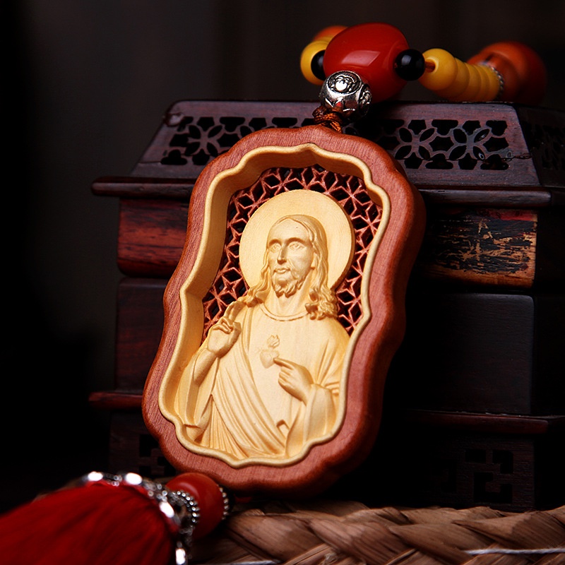 Dây treo trang trí ô tô bằng gỗ hoàng dương, hình Chúa Giêsu 4