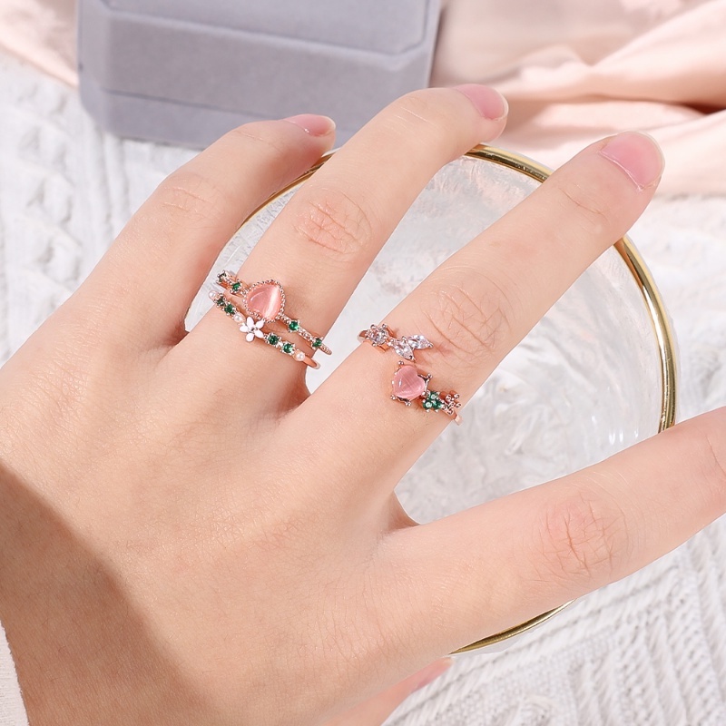 Nhẫn Hở Hai Lớp Đính Đá Zircon Màu Hồng Ngọt Ngào Thời Trang Có Thể Điều Chỉnh Cho Nữ