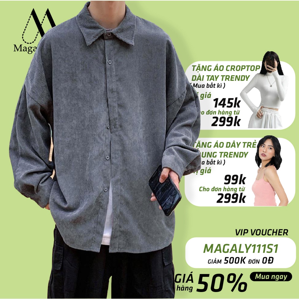 Áo Sơ Mi Nhung Nam Nữ Unisex Phong Cách Đường Phố Hàn Quốc Ulzzang - Kiểu sơ mi nam nhung tăm Magaly Korea