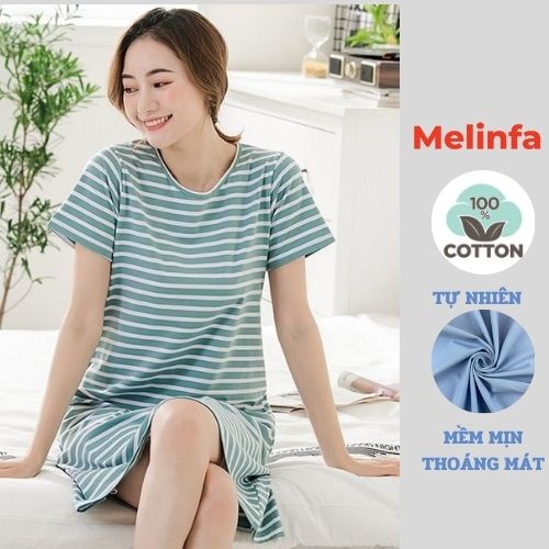 Váy đầm nữ dáng suông kẻ ngang ngắn tay vải Cotton tự nhiên thoáng mát mặc mã VAV0239