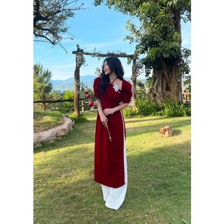 VELLE DESIGN - Áo dài tết Ruby chất nhung mịn dày dặn kèm quần lụa - quần dài 109cm