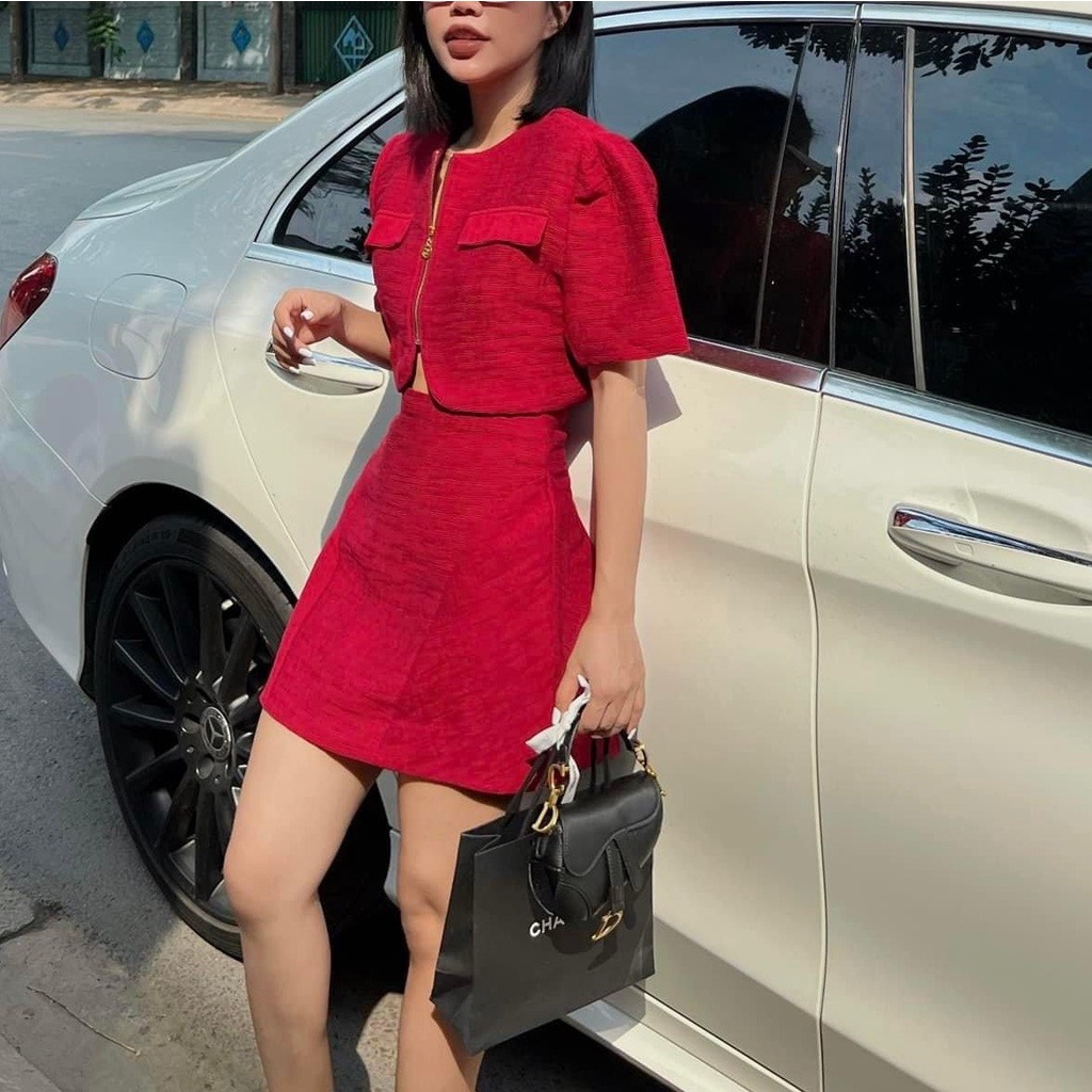 SET ÁO CROP DẠ DÂY KEO + CV CÙNG MÀU ĐỎ - ST0782