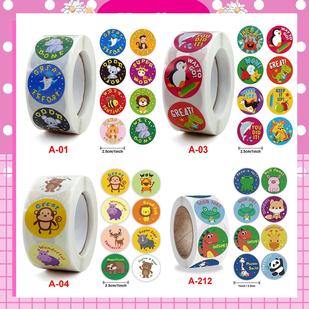 Cuộn 500 Sticker Cute Nhãn Dán Khen Thưởng Khích Lệ Học Tập Cho Bé