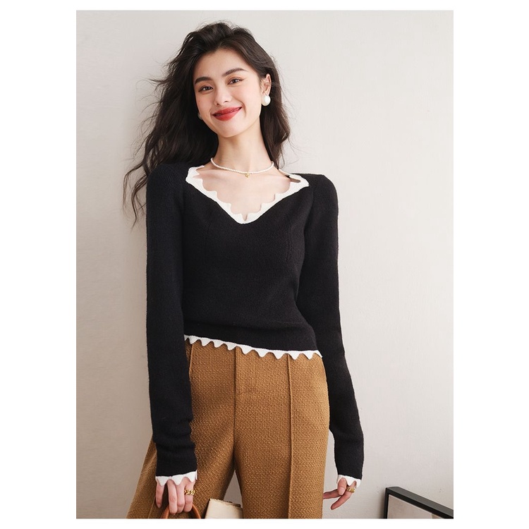 ZHELIHANGFEI Áo len dệt kim Pháp cổ chữ V tay dài kiểu dáng nữ
