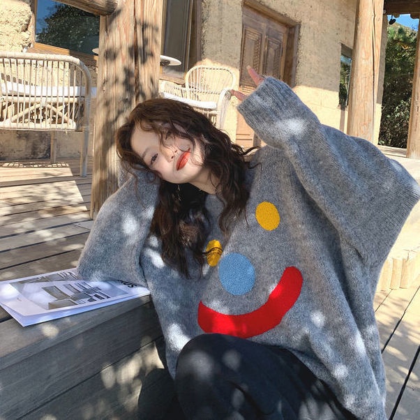 Áo len dệt kim dài tay in họa tiết Thời trang mùa thu phong cách hàn quốc cổ tròn rộng rãi ngọt ngào nữ