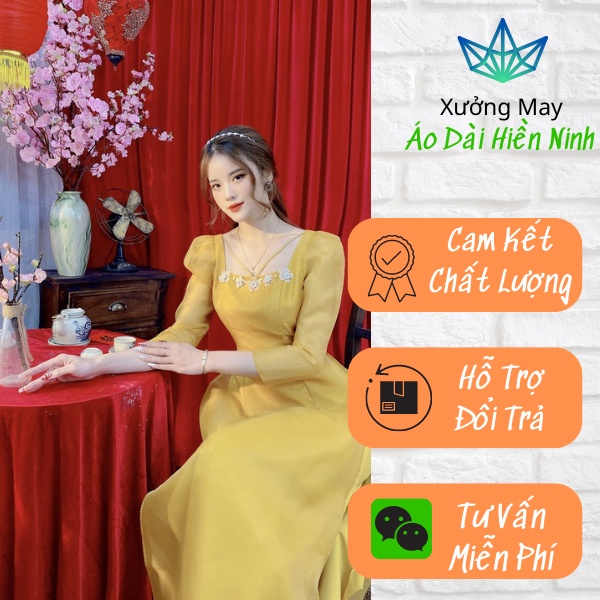 Áo Dài Tết Tay Voan Bồng - Áo Dài Cách Tân Đính Hoa Cổ Áo-MS07