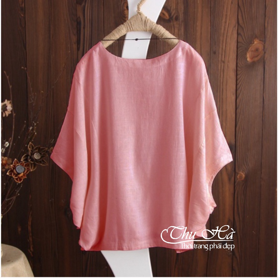Áo cánh dơi nữ trung niên Thu Hà form rộng giấu bụng che khuyết điểm chất liệu đũi mềm nhẹ mát AKH.36