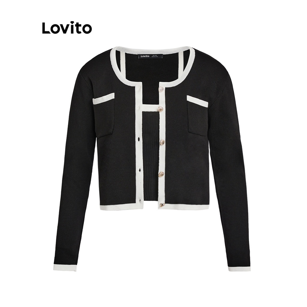 Lovito Màu sắc tương phản thông thường dành cho nữ Bộ 2 chiếc trên cùng L35AD039 (Đen)