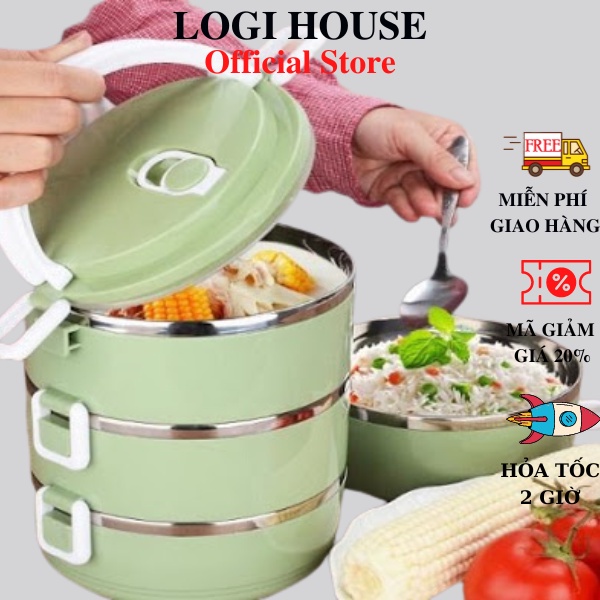 Hộp đựng cơm lúa mạch giữ nhiệt 2-3 tầng nhựa 2 lớp cách nhiệt kèm qua