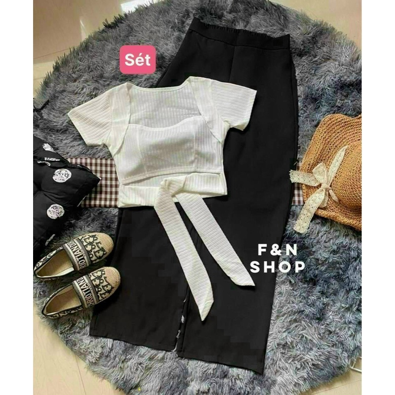 (Sale FreeShip) Sét bộ áo croptop cột nơ mix quần ống rộng,sét nữ phong cách trẻ trung cá tính diện siêu hack dáng